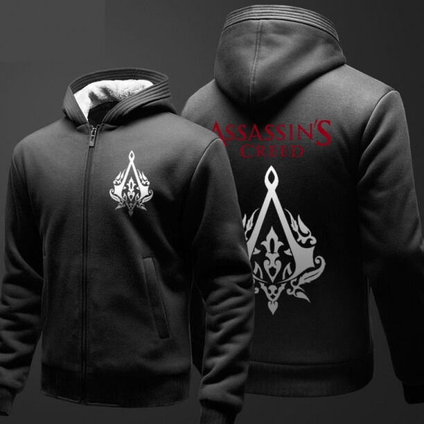 Assassin's Creed Printing Sweatshirts Boys Winter Fleece Thick Zipper Hoodies Men Black Plus Size