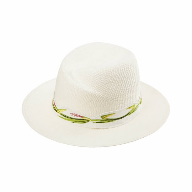 Female White Summer Elegant Embroidery Panama Straw Hat Travel Beach Sun Hat  100% Cellulose