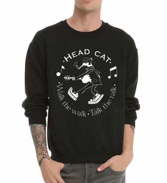 Head Cat Band Rock Hoodie Crew Neck Black Heavy Metal Felpa