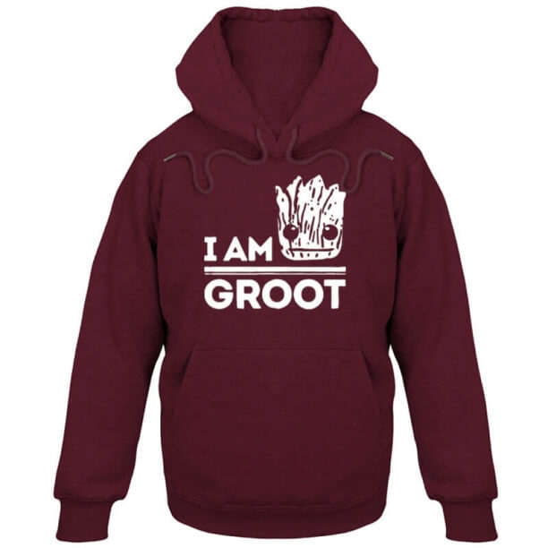 Eu sou o hoodie do groot Guardiões bonitos do vinho vermelho da camisola da galáxia