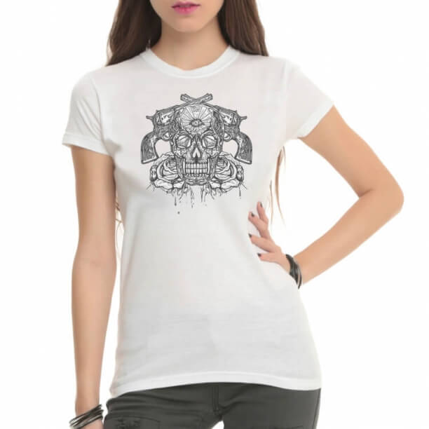 Tattoo Skull Rock White Tee Shirts for Women 