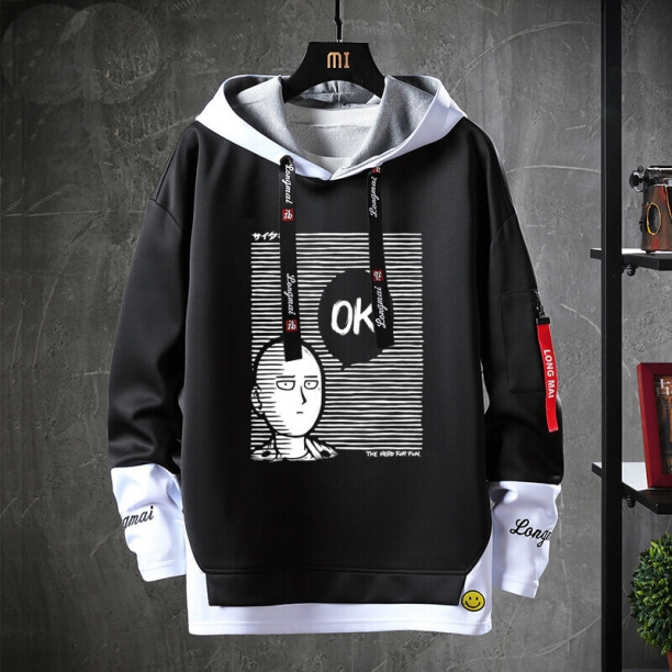 Vintage Anime One Punch Man Hoodie Fake Two-Piece Sweatshirt