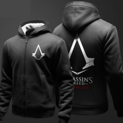 Assassin's Creed hættetrøje fleece tyk lynlås op Hooded sweatshirt mænd dreng sort vinterfrakke 